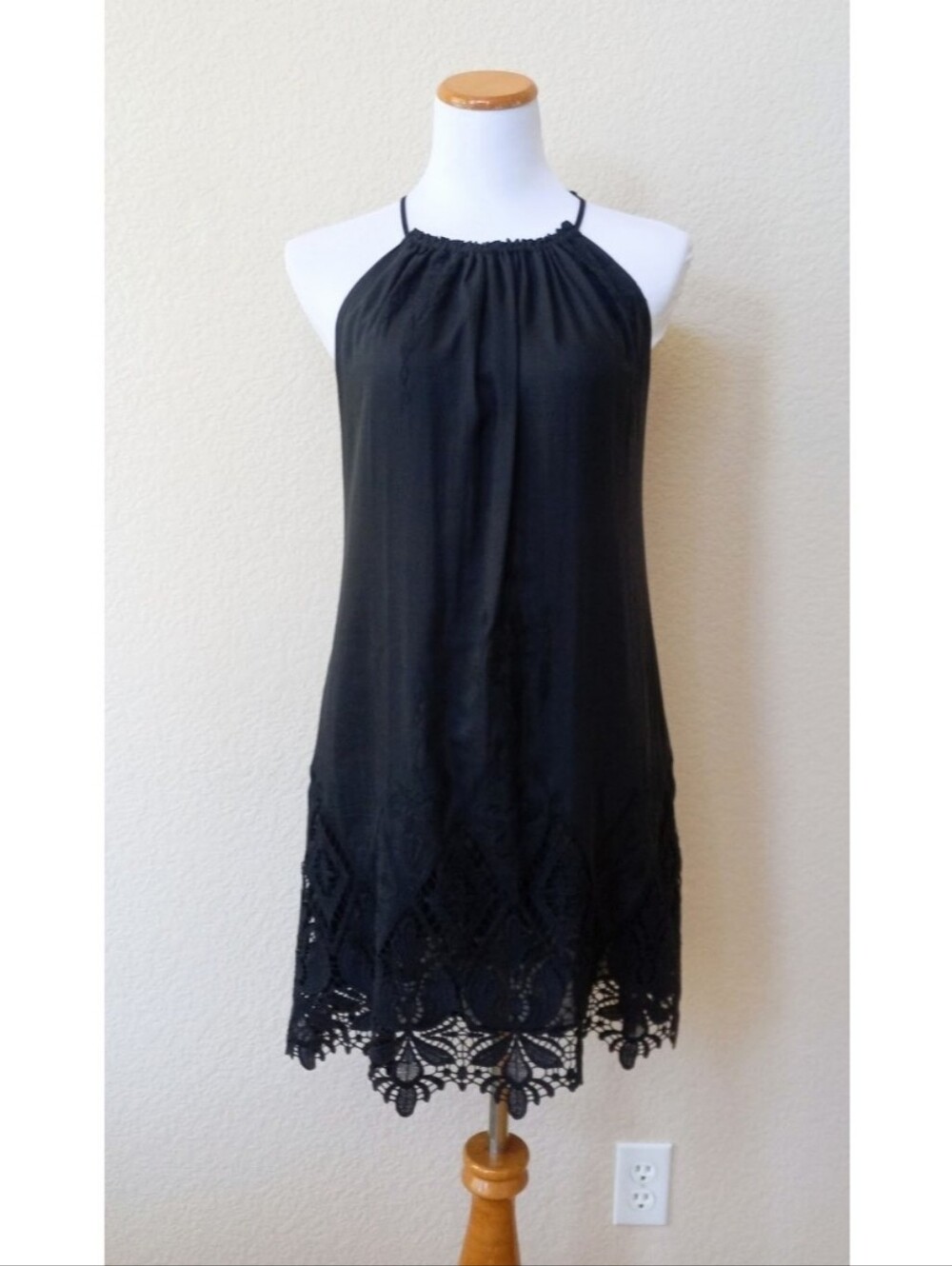 Atina Cristina elegant black silk and cotton blend halter dress with lace hem